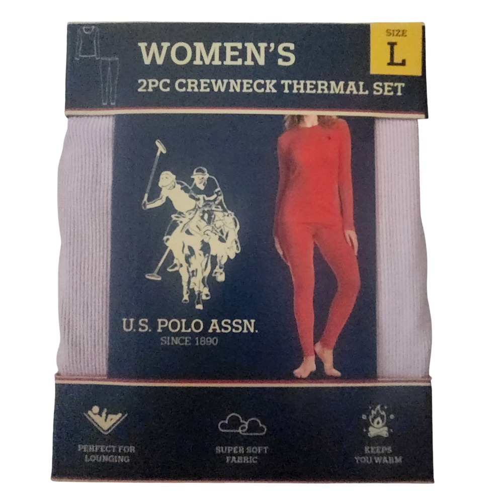 US Polo Assn Womens 2PC Crewneck Thermal Set Pink Ribbed‎ Base Layer Size Large